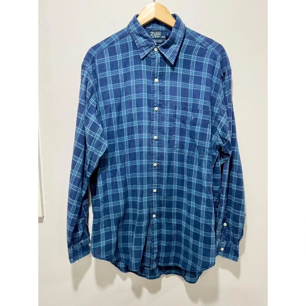 Polo Ralph Lauren Lowell Sport Mens Blue Plaid Cotton Button Down Shirt Large